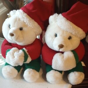 Pair of Vintage White Chosun Christmas Bears w/ Santa Hats & Red & Green Outfits